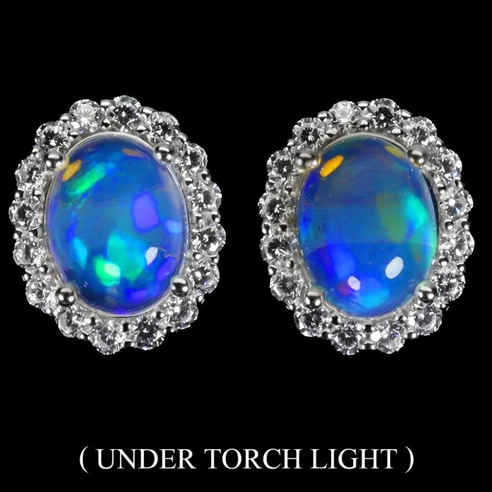 14K/925 Sterling Silver Earrings Blue Fire Opal 9x7mm Natural Gemstone